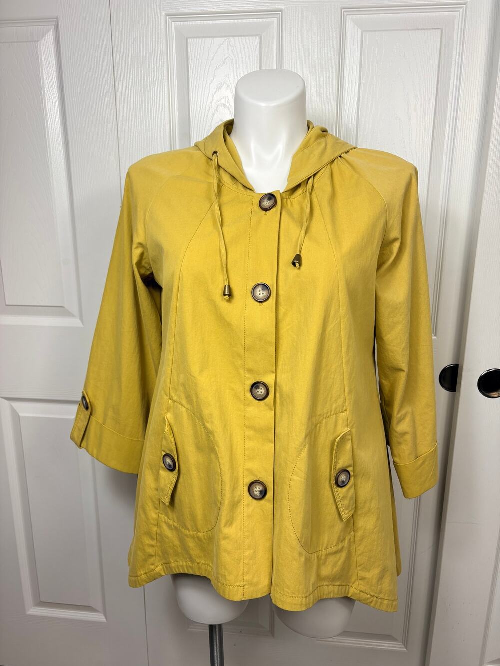 For Cynthia Mustard Yellow Hooded Swing Jacket Button Front Closure Size XL
